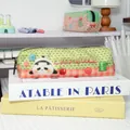 Green panda plush pencil case with red checkered base and zipper closure for students - Green Giant Panda Embroidery Pattern (07)