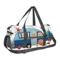 Borsa da viaggio bianca con camper blu e dettagli ricamati in stile corallo - Camper Blu Oceano (03)