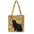 Κεντημένη τσάντα tote με μαύρη γάτα και λουλούδια με στιβαρές διπλές χειρολαβές - Στυλ Μαύρη Γάτα Καθισμένη σε Λουλούδια (05)