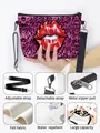 Pink leopard print felt shoulder bag featuring a red lip pattern and adjustable strap - Pink Purple Leopard Fire Lips Style (06)