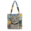 Καλλιτεχνική τσάντα tote με κέντημα γάτας στυλ Van Gogh και υφή υψηλής πυκνότητας - Στυλ Γκρι Γάτα με Σταυρό και Φόντο Έναστρη Νύχτα (06)