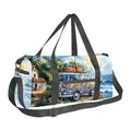 Borsa da viaggio artistica con illustrazione di furgone vintage e manici neri - Paesaggio Marino Autobus (06)