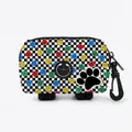 Colorful paw print and checkerboard pet poop bag holder with dispenser and clips - Checkerboard With Multicolored Paws (07)