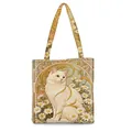 Τσάντα Art Nouveau με κομψό τύπωμα λευκής γάτας και μαργαρίτας σε μπεζ καμβά - Στυλ Κομψή Λευκή Γάτα με Χρυσά Σχέδια (10)