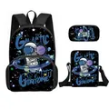 3-teiliges Schulrucksack-Set mit Astronauten-Motiv, Umhängetasche und Federmäppchen in Schwarz - Seifenblasen Astronaut (08)