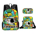 Dreiteiliges Schulranzen-Set mit Astronauten-Weltraum-Print inklusive Rucksack und Federmäppchen - Reise Graffiti (09)
