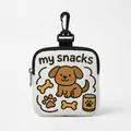 White canvas dog snack pouch with cartoon print and black carabiner hook for hanging - Square 02 / White