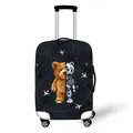 Elastic luggage cover with robotic teddy bear and airplane route print on black - S / Mechanical Teddy Bear Pattern (01)