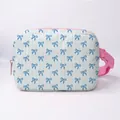 White waist bag with blue ribbon prints, pink zipper, and adjustable strap detail - Blue Stripes With Bow