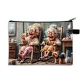 Pochette vintage con illustrazione fronte-retro di donne che ridono e un cagnolino - Poliestere / Stile 02-Tempo libero