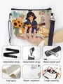 Felt shoulder bag featuring girl playing guitar illustration and adjustable strap - Guitar Playing Girl Illustration (06)