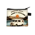 Mini canvas coin purse with vintage camping van print and Adventure Awaits lettering - Retro Camper Snow Mountain Style