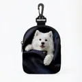 Navy blue portable dog treat bag with Samoyed puppy print and black hanging hook - Samoyed Style (Oval 04)
