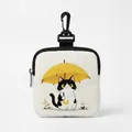 Square beige canvas dog treat bag with cat illustration and black swivel hook - Square Black White Umbrella Cat