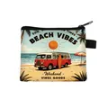 Mini canvas coin purse with vintage beach van illustration and top zipper closure - Beach Surf Red Van Style