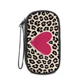 Leopard print organizer tasje met roze hart en draagriem voor reisaccessoires - 19.5x10.5x4.5cm