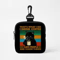 Portable dog treat pouch in black with retro cat illustration and durable carabiner clip - Square Coffee Black Cat