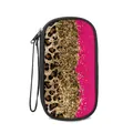 Leopard print en fuchsia patchwork organizer tas met goud glitter en polsbandje - 19.5x10.5x4.5cm / Luipaard Roze Splitsen (02)