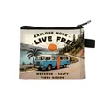 Mini vintage car coin purse with retro surf van illustration and zipper closure - Blue Van Explore Style