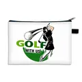 White canvas golf pouch featuring female golfer print and GOLF WITH US text - Polyester / Golf With Us Figure Print