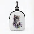 Portable dog treat pouch with cat watercolor illustration and black carabiner hook - Oval Artistic Painting Cat