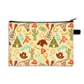 Estuche beige de gran capacidad con estampado de calavera de vaca e iconos western - Material de Poliéster Grande / Vaquero Vintage Dibujado a Mano (04)