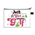 Pochette golf bianca con stampa 'Just A Girl who loves Golf' e cerniera nera resistente - Motivo Just A Girl Who Loves Golf