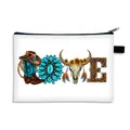 White canvas pouch featuring western themed LOVE print with cattle skull and leopard pattern - LOVE Western Combo (05)