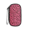 Pink heart leopard print storage pouch with black zipper and wrist strap for travel - 19.5x10.5x4.5cm / Pink Base Dense Heart Leopard (05)
