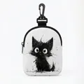 Portable white canvas pet treat pouch with black cat illustration and hanging carabiner - Oval Line Drawing Black Cat