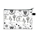 Western style highland cow and cactus print pouch with black zipper and carry handle - Black & White Minimalist Cowboy (07)