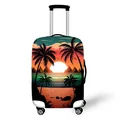 Elastic luggage cover featuring a tropical sunset with palm trees and a gradient ocean scene - Size S (18-20 Inch) / Coastal Sunset Orange Green (03)