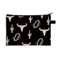 Western style longhorn skull print canvas cosmetic pouch with cactus motifs and zipper - Black Background Longhorn Skull (08)