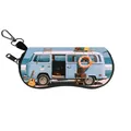 Portable sunglasses case with vintage blue camper van print and hanging hook - Retro Blue and White Bus