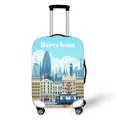Elastic suitcase cover with Barcelona Spain city landmarks and blue tram design - Blue Barcelona Landmarks (07)