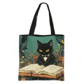 Bolso tote de lona plegable con ilustración vintage de gato negro leyendo y asas resistentes - Gato Negro Vintage Leyendo Estampado (3)