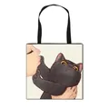 White polyester tote bag with artistic girl and black cat print and black straps - Black Cat Kissing Style (1)