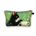 Trousse à maquillage chat de dessin animé vert avec illustration et grande capacité - Chat Noir Café Fleurs Pelouse Verte (7)