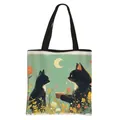 Bolsa de tela plegable con ilustración vintage de gatos negros y flores, correas negras - Gato con Luna y Estampado Floral (1)