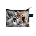 Mini cat coin purse featuring cartoon gray and ginger cats with a black zipper closure - Hoodie Cats With Phone Style (03)