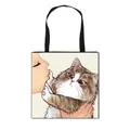 Polyester tote bag featuring a cute girl and long-haired cat illustration with black straps - Long-haired Calico Cat Kissing Style (5)