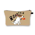 Dachshund pattern khaki makeup bag with ROARRRR print and zipper for travel storage - Bull Terrier Breathing Fire Cartoon with ROARRRR Text (18)
