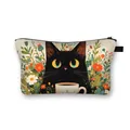 Neceser de poliéster beige con estampado de ilustración de gato negro y flores - Gato Negro de Café y Flores en Flor (3)