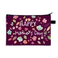 Ανθισμένο τσαντάκι μακιγιάζ Happy Mother's Day σε βαθύ μωβ χρώμα με φερμουάρ - Στυλ 13 (Μοβ Πολύχρωμα Λουλούδια)