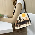 Minimalist cat print tote bag with adjustable shoulder strap for women - Cat on Vintage Car (5)
