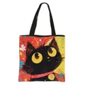 Sac fourre-tout pliable avec illustration artistique de chat noir et larges anses noires - Chat aux Gros Yeux avec Motif de Fond Coloré (7)