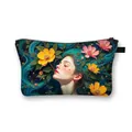 Artistic floral printed polyester makeup bag featuring a serene woman portrait illustration - Blue Green Dreamy Girl Side Profile (3)