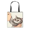 Polyester tote bag featuring a cartoon girl kissing a gray cat on a beige surface - Grey Striped Cat Kissing Style (8)
