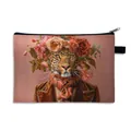 Moderne Kosmetiktasche mit Geparden-Print und Blumenporträt im braunen Anzug - Stil 04