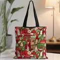 Christmas canvas tote bag with festive cartoon reindeer and tree prints for holiday gifts - Colorful All-over Festive Print (01)